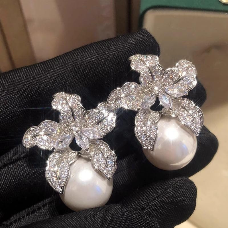 Full of Diamond Lily Earrings Temperament Flower Pearl Earrings Pearl Flower Studs Earrings for W... | Amazon (US)