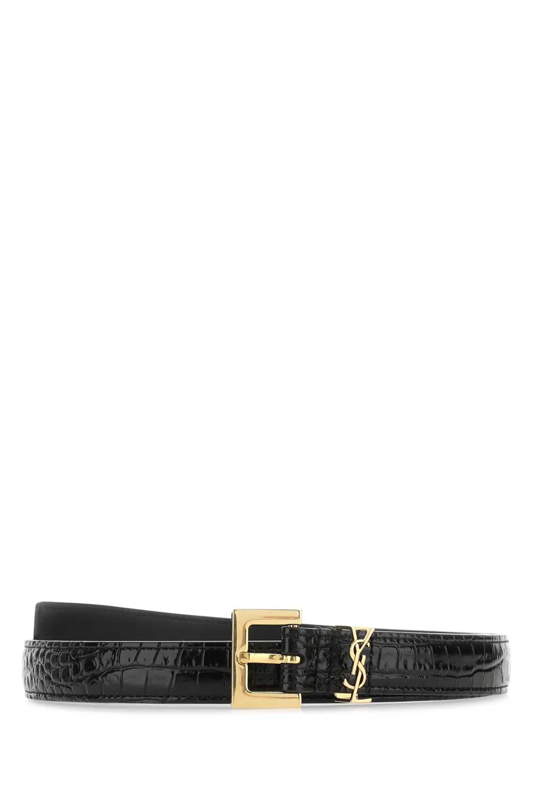 Saint Laurent Logo Plaque Square Buckled Embossed Belt | Cettire Global