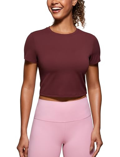 CRZ YOGA Butterluxe Short Sleeve Shirts for Women High Neck Crop Tops Basic Fitted T-Shirt Gym Workout Top Red Merlot X-Large | Amazon (US)