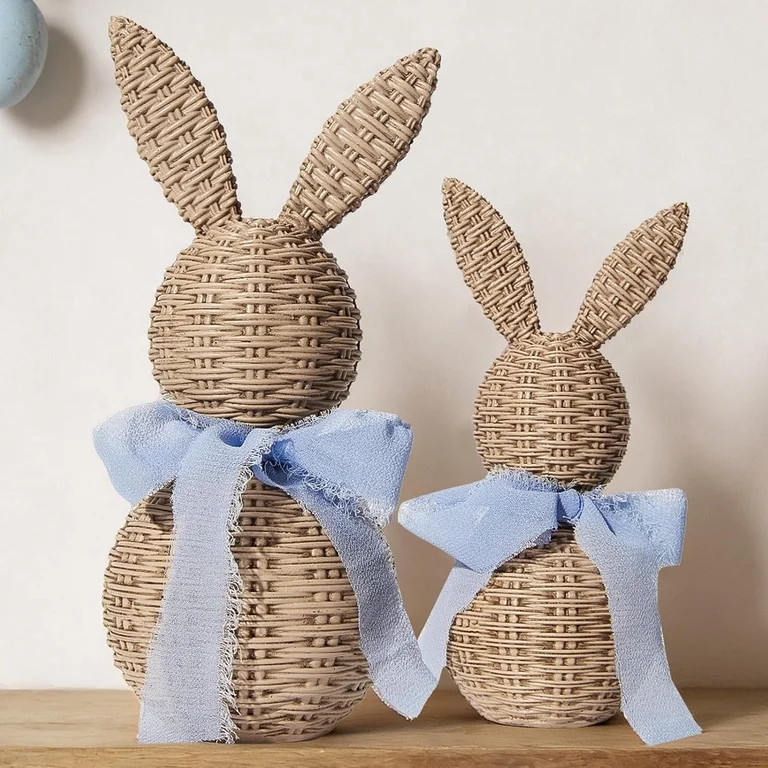 laqbezok 2Pcs Rattan Effect Bunnies with Light Blue Bow, Large & Small Easter Bunny Figurines Set... | Walmart (US)