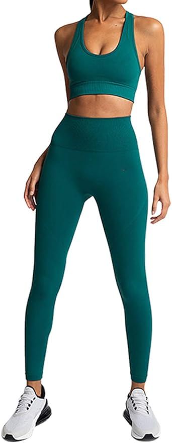 HAODIAN Women's Yoga Outfits 2 Piece High Waisted Leggings with Sports Bra Gym Clothes Sets | Amazon (US)