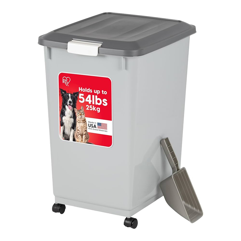 IRIS USA Dog Food Storage Container with Wheels, Airtight Lid, 2-Cup Scoop, Up to 54 Pounds Pet F... | Amazon (US)