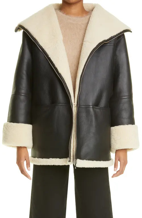 TOTEME Menfi Oversize Genuine Shearling Coat in Black/off-White at Nordstrom, Size Medium | Nordstrom