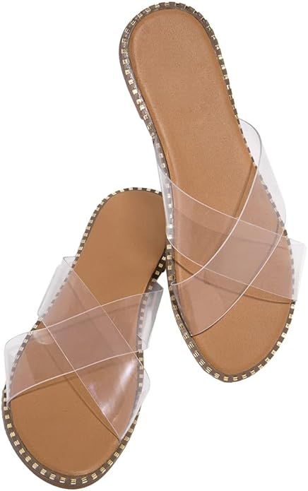 Jeimpoey Womens Studded Flat Sandals Open Toe Slip on Mule Slides Crossed Strap Slipper | Amazon (US)