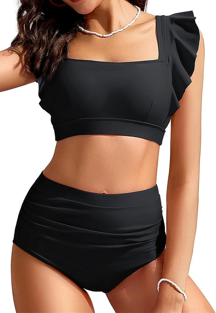 Kate Kasin Womens High Waisted Bikini Sets Ruffle Tummy Control Swimsuits Full Coverage Cheeky Tw... | Amazon (US)