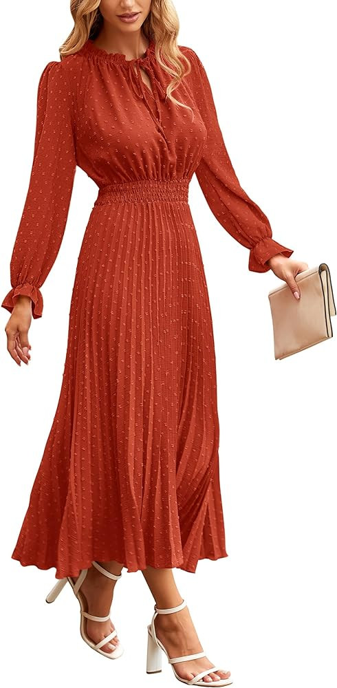 PRETTYGARDEN Women's 2024 Fall Midi Dress Casual Long Sleeve V Neck Swiss Dot Pleated A Line Flow... | Amazon (US)