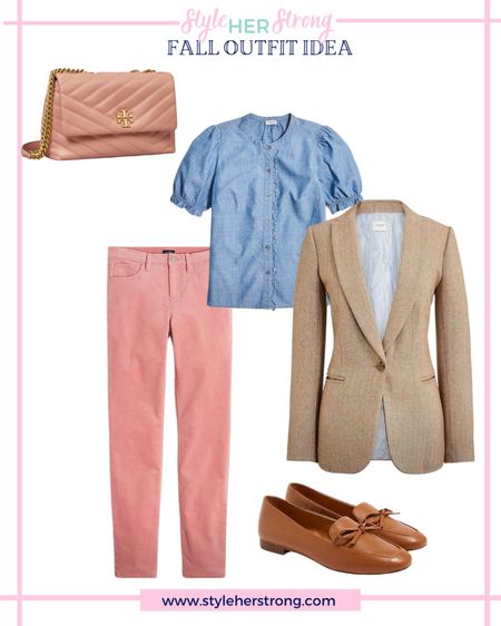 Fall outfit idea: 50% off at J.Crew Factory, pink corduroy pants, chambray too, herringbone boyfriend blazer, loafers, quilted bag 

#LTKunder50 #LTKsalealert #LTKSeasonal