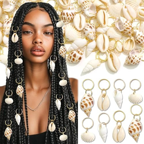 NAISKA 40PCS Shell Hair Jewelry for Braids Seashell Loc Charms Rings Conch Dreadlock Jewelry Boho Gold Braids Clips Accessories for Women Girls | Amazon (US)