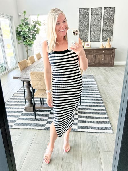 Love this black ribbed striped midi dress with clear stiletto heels. Size small in the dress which comes another colors.

#LTKSeasonal #LTKStyleTip