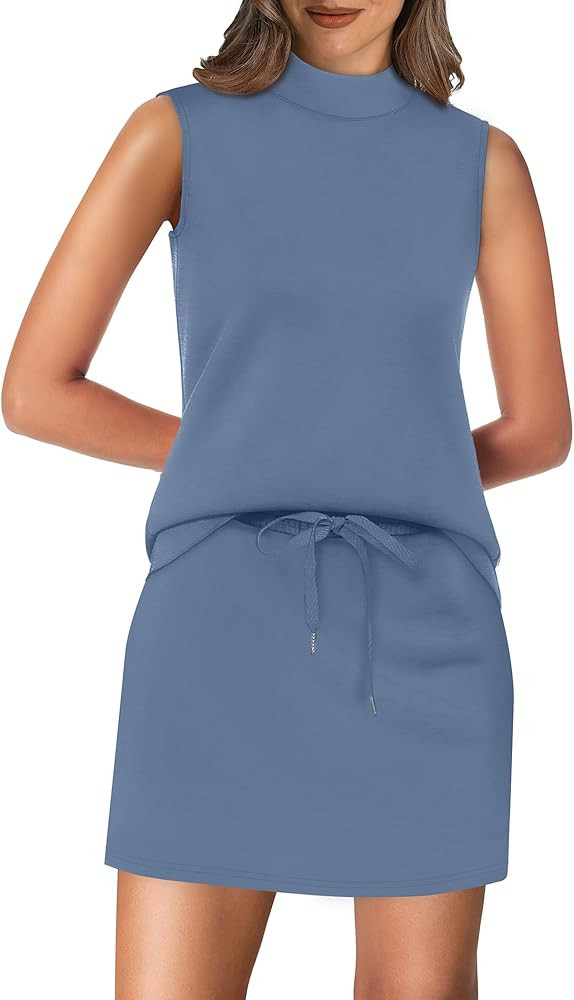 XIEERDUO Two Piece Skirt Sets for Women Summer Beach Vacation Outfits Mock Neck Tops Tennis Skirt... | Amazon (US)