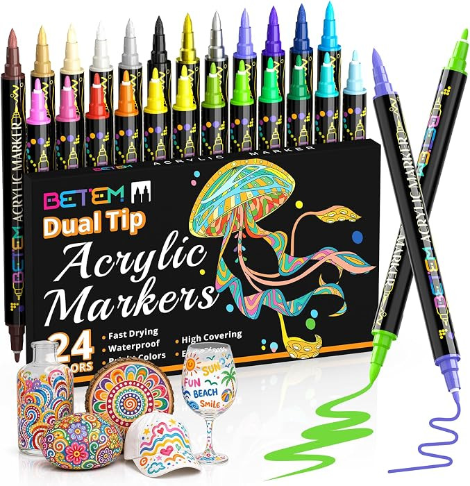 Dual Tip Acrylic Paint Pens, 24 Colors Paint Markers for Glass, Window, Fabric, Wood, Rock, Canva... | Amazon (US)