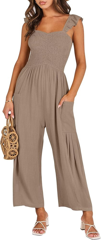 ANRABESS Women Summer Casual Dressy Sleeveless Smocked Wide Leg Linen Jumpsuits Rompers Outfits w... | Amazon (US)