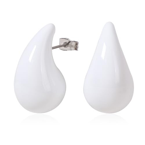 TaYolnFaSo White Enamel Teardrop Earrings for Women Chunky Water Drop Hoop Earring White Enamel Earring Tear Drop Jewelry Gift for Wife Girlfriend | Amazon (US)