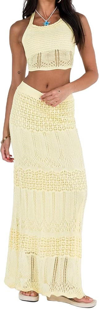 Women Summer Y2K Crochet Knitted Maxi Skirt 2PCS Sets Hollow Out Lace up Skirt Cover Ups Outfits ... | Amazon (US)