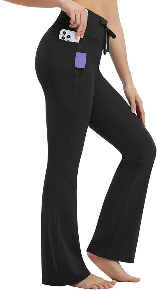baleaf Womens Flare Leggings with Zipper Pockets Drawstring Flared Yoga Pants Bell Bottom Legging... | Amazon (US)