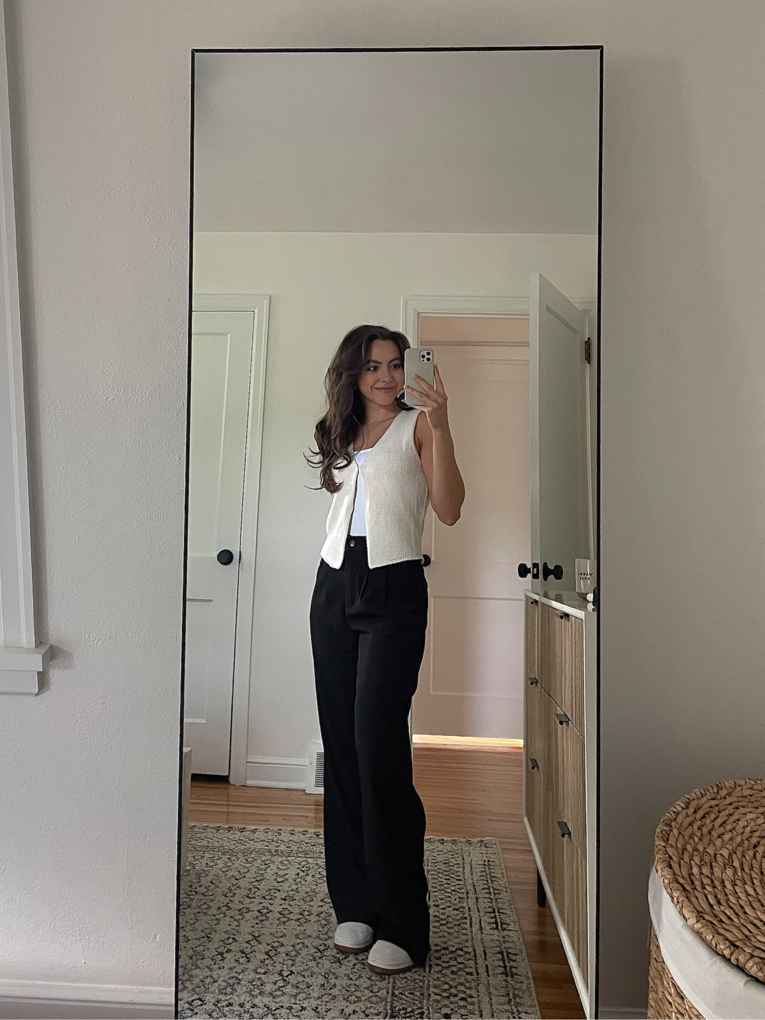 Pants size 6 (I use the push pins to tailor the waist)
Bodysuit size small
Knit vest size small
Sneakers tts