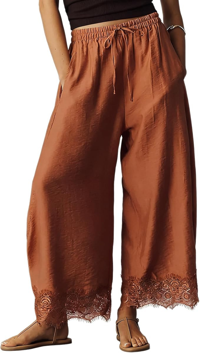Comfy Women's Pants Cropped Lace Hem Pants Summer Boho Drawstring High Rise Wide Leg Lounge Trous... | Amazon (US)