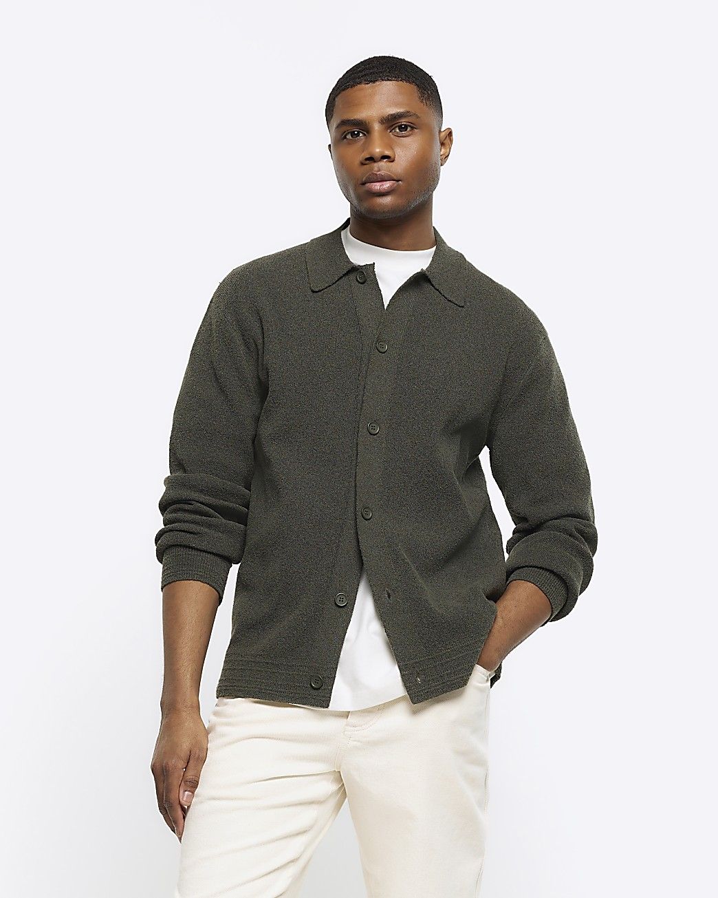 Green slim fit boucle knit cardigan | River Island (UK & IE)