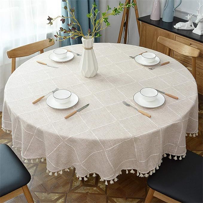 Fhberni Round Tassel Plaid Tablecloth, Heavy Weight Cotton Linen Fabric Table Cover Kitchen Dinin... | Amazon (US)
