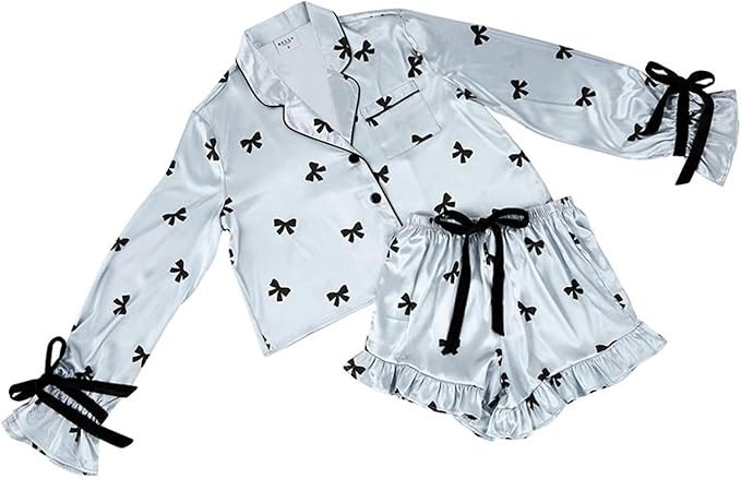 Pajamas For Women - 2-Piece Ruffled Satin Long Sleeve Top & Pants Pajama Set | Amazon (US)