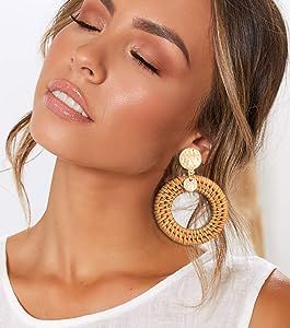 Rattan Hoop Earrings Woven Handmade Straw Circle Drop Earrings Hammered Disc Stud Wicker Bohemian... | Amazon (US)