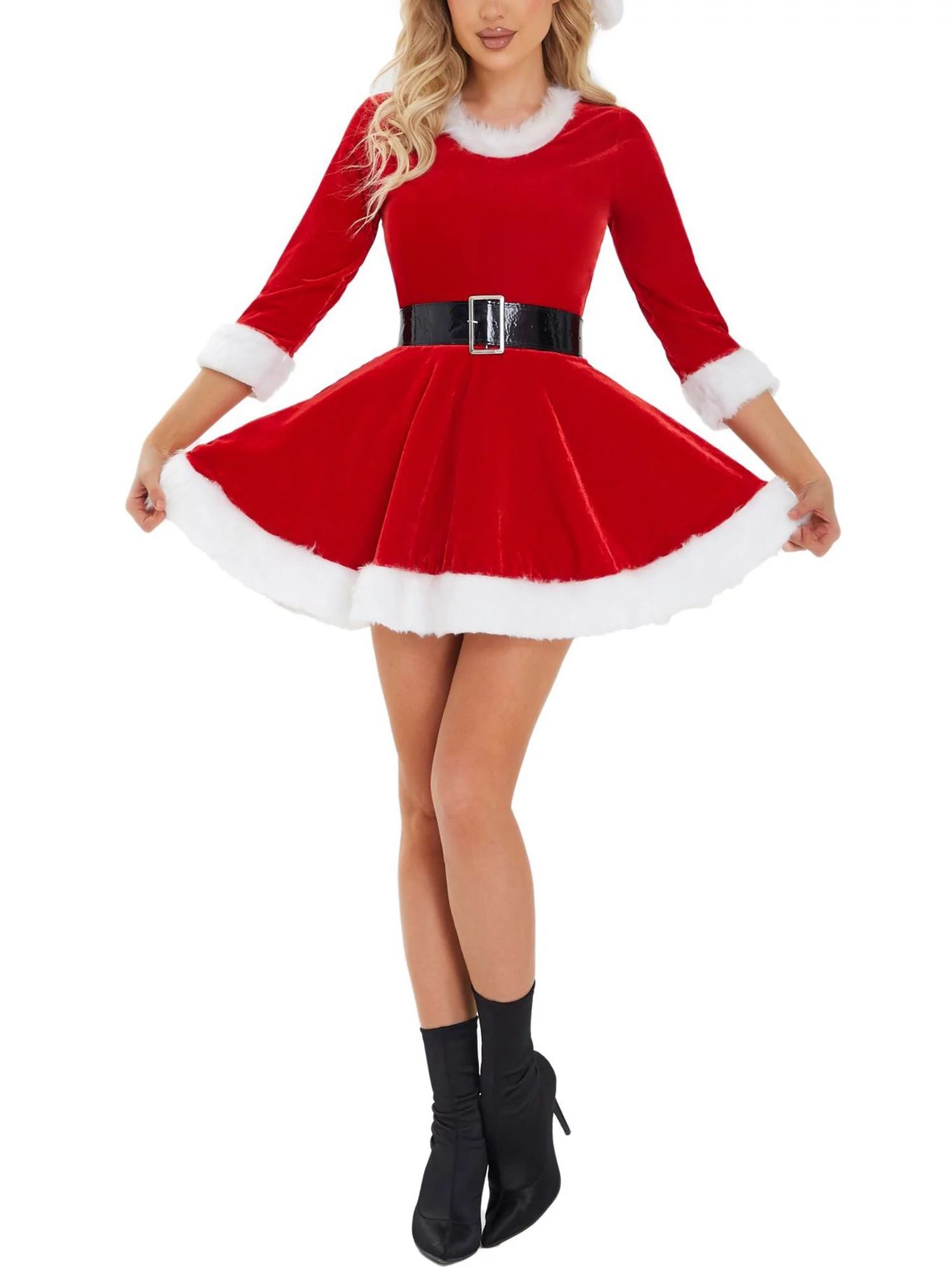 AMILIEe Women's Christmas Santa Claus Costume Set Velvet Dress with Belt Santa Hat Set Dress Cosp... | Walmart (US)