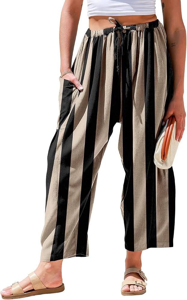 TARSE Womens Wide Leg Striped Linen Pants with Pocket | Amazon (US)