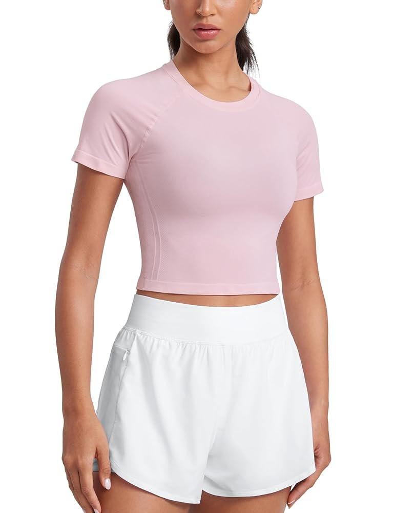 CRZ YOGA Seamless Womens Short Sleeve Crop Tops Breathable Slim Fit Gym Workout Shirts Athletic R... | Amazon (US)