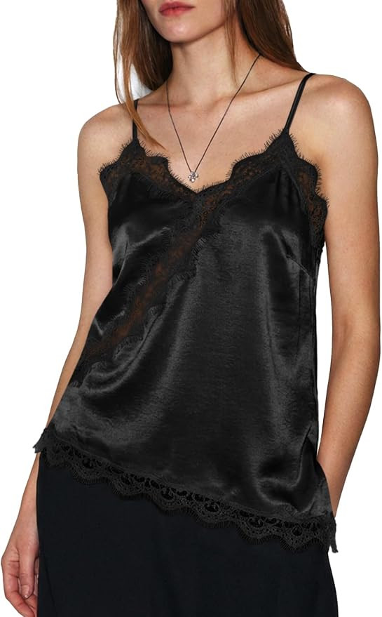 Cicy Bell Women Summer Satin Cami Tops Spaghetti Strap Lace V Neck Cute Camisole Party Pajamas As... | Amazon (US)