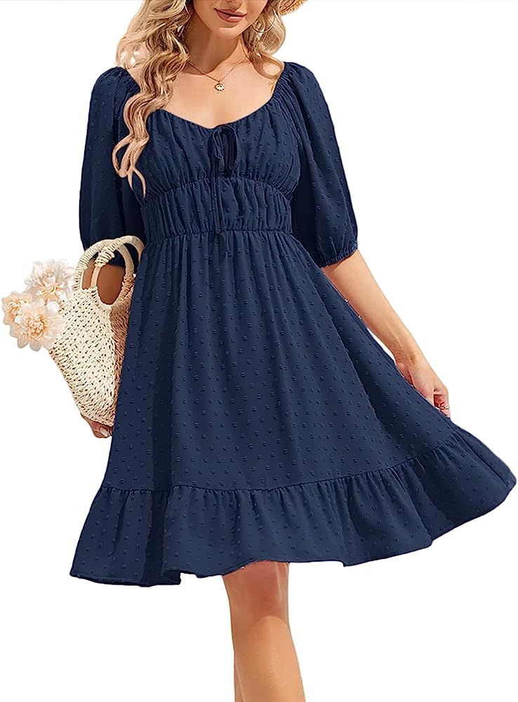 Womens Swiss Dot Dresses Short Sleeve Boho Flowy Shift Mini Dress Smocked Back Summer Casual Dresses | Amazon (US)