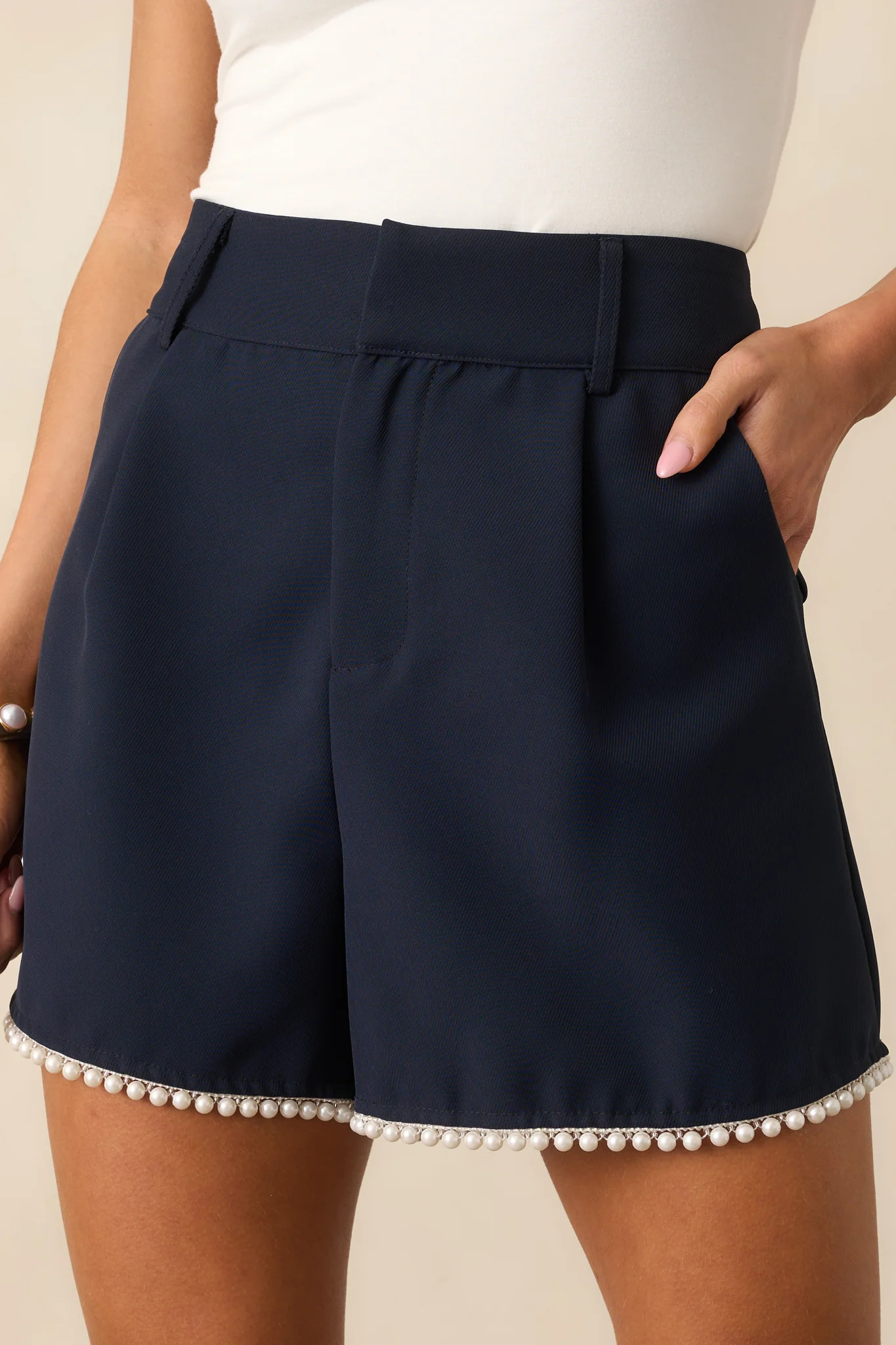 Twilight Venture Navy Pearl Trim Shorts | Red Dress