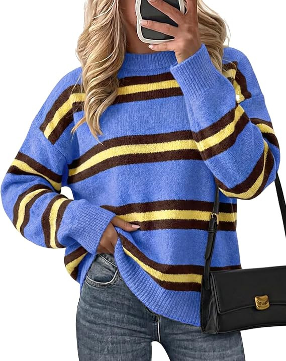 Cicy Bell Womens Striped Pullover Sweater Color Block Casual Loose Knit Top | Amazon (US)
