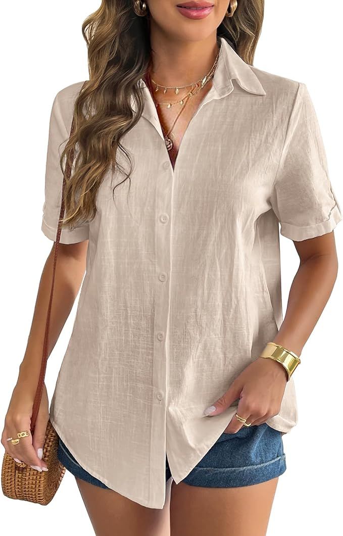 Zeagoo Women Linen Button Down Shirt Rolled Cuffed Short Sleeve Blouse Ladies Summer Casual V Nec... | Amazon (US)
