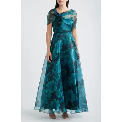 Eliza J Floral Shoulder Overlay Ballgown in Teal at Nordstrom, Size 2 | Nordstrom