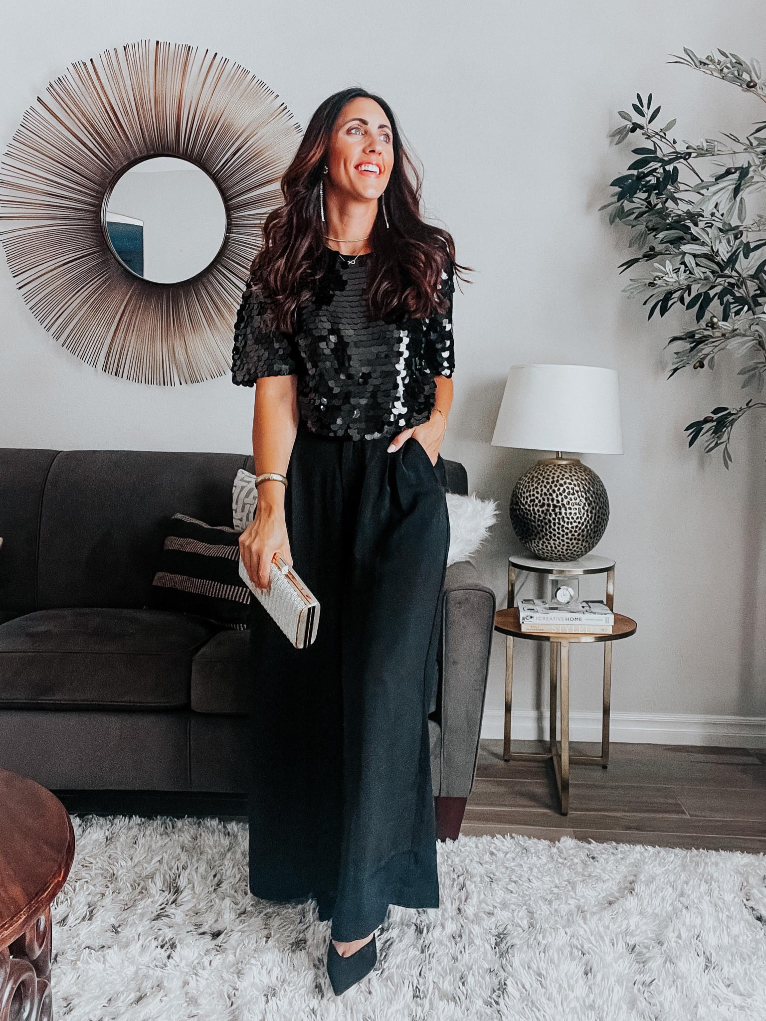 Holiday outfit idea! This cropped sequin top is so fun and under $30, wearing size small! Favorite wide, leg trousers (wearing size small) and have in 2 colors! Sparkly party shoes are a must and these $8 bow earrings are so, so pretty! ✨

#LTKHoliday #LTKsalealert #LTKfindsunder50