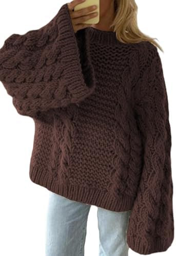 Tbahhir Women's Oversized Cable Knit Sweaters Crewneck Pullover Loose Long Sleeves Ribbed Chunky ... | Amazon (US)