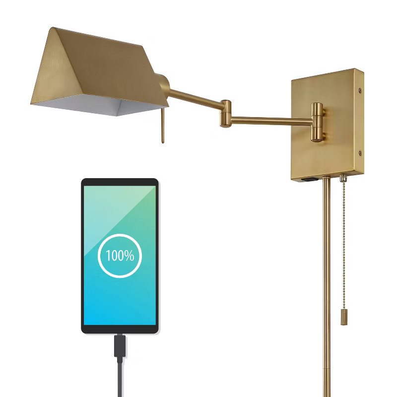 22" 1-Light Arlo Farmhouse Single Swing Arm Wall Sconce with Pull-Chain USB Charging Port - JONAT... | Target