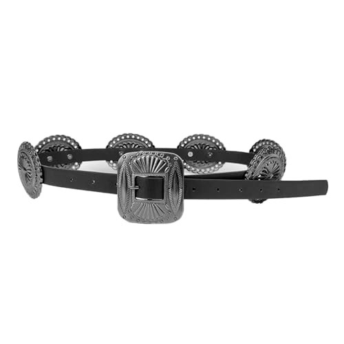 HNZVWH Western Thin Concho PU Leather Belt for Women Cowgirl belts with Embossed Silver Buckle for Dress Jeans Pants (Black,fits waist 29-38") | Amazon (US)