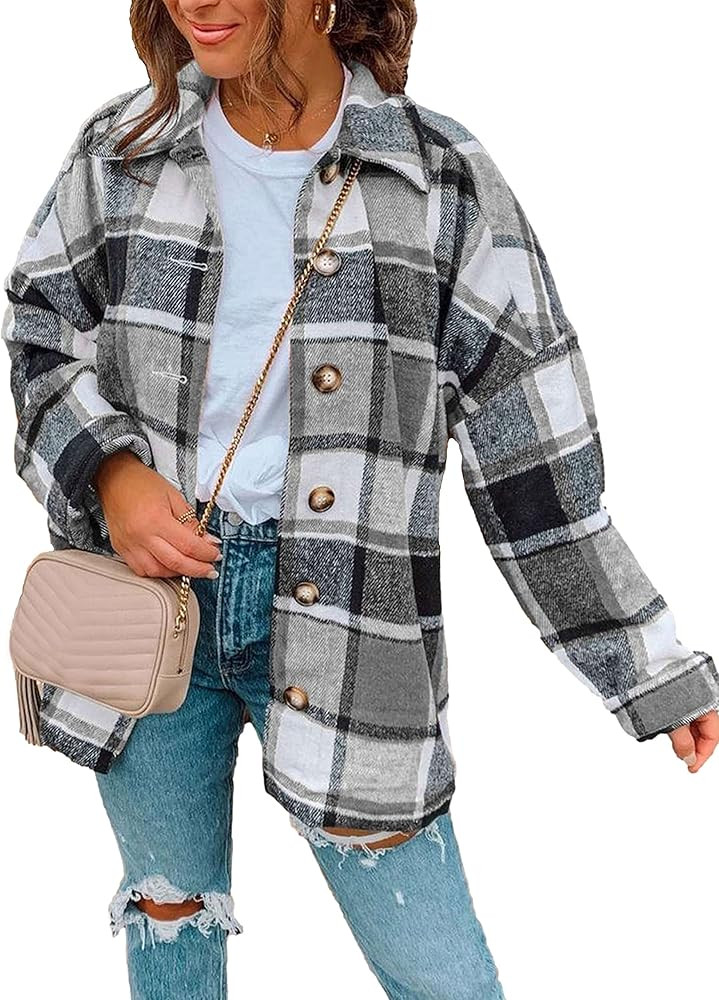MingZhu Womens Color Block Black and White Plaid Shacket Jacket Button Down Plaid Shirts(0001-Bla... | Amazon (US)