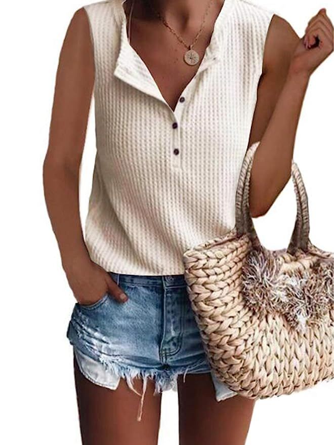 Famulily Women's Waffle Knit Tunic Tops Loose Long Sleeve Button Up V Neck Henley Shirts | Amazon (US)