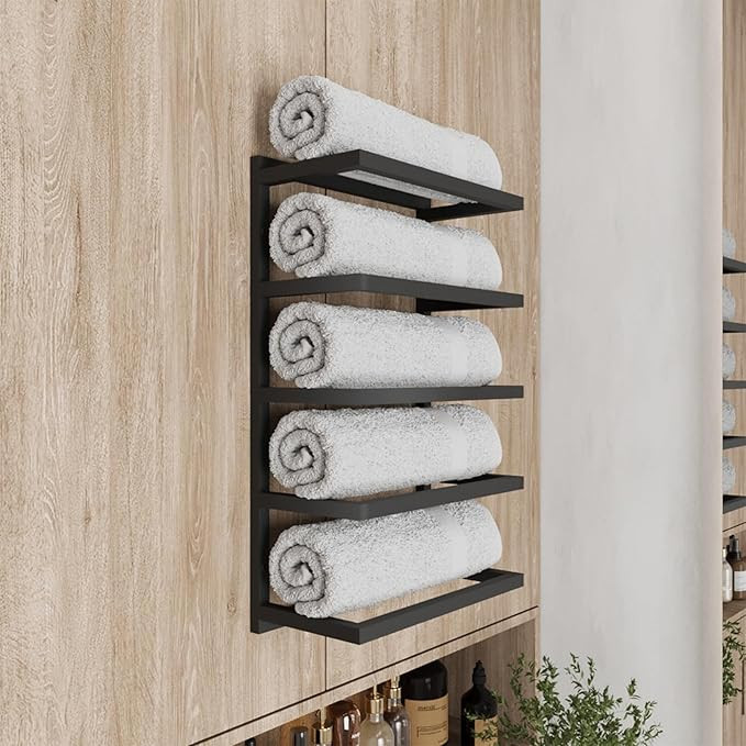 Modern 5-Tier/6-Tier Towel Rack - Wall-Mounted Black Metal Towel Shelf for Bathroom, Space-Saving... | Amazon (US)