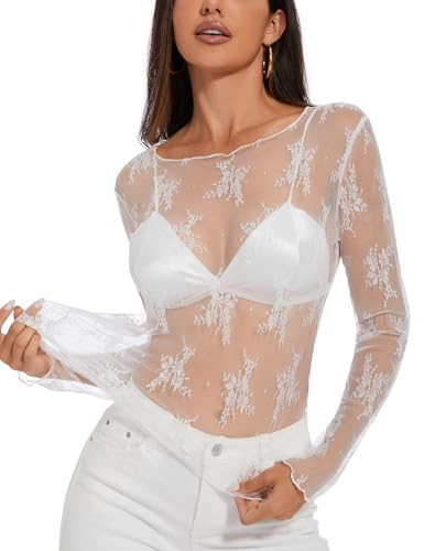 Bloggerlove White Mesh Top Long Sleeve Crew Neck Sheer Tee Shirt Sexy Floral Embroidery Lace Tops for Party Club Night White Small | Amazon (US)