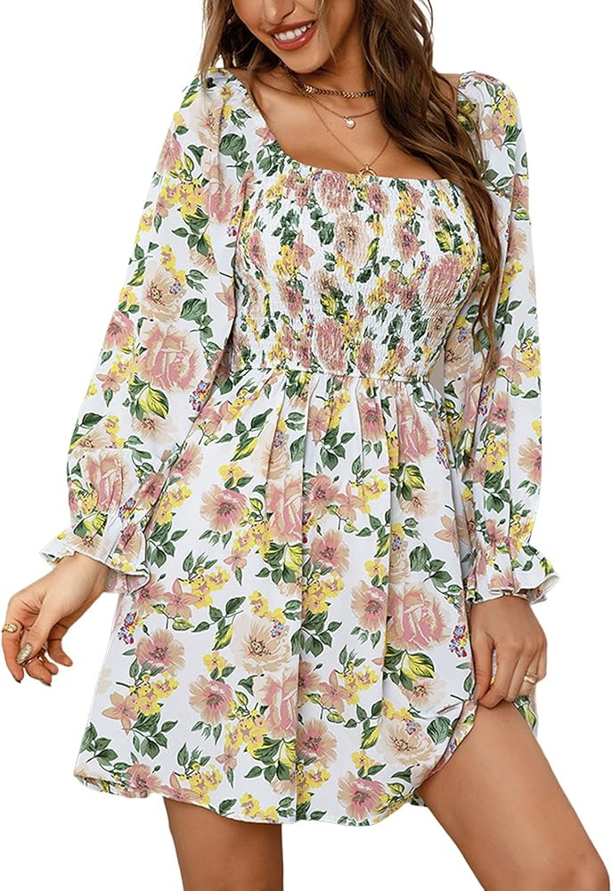 OPOIPIN Women's Smocked Dress Green Floral Dress Long Sleeve Floral Dress With Sleeves Amazon | Amazon (US)