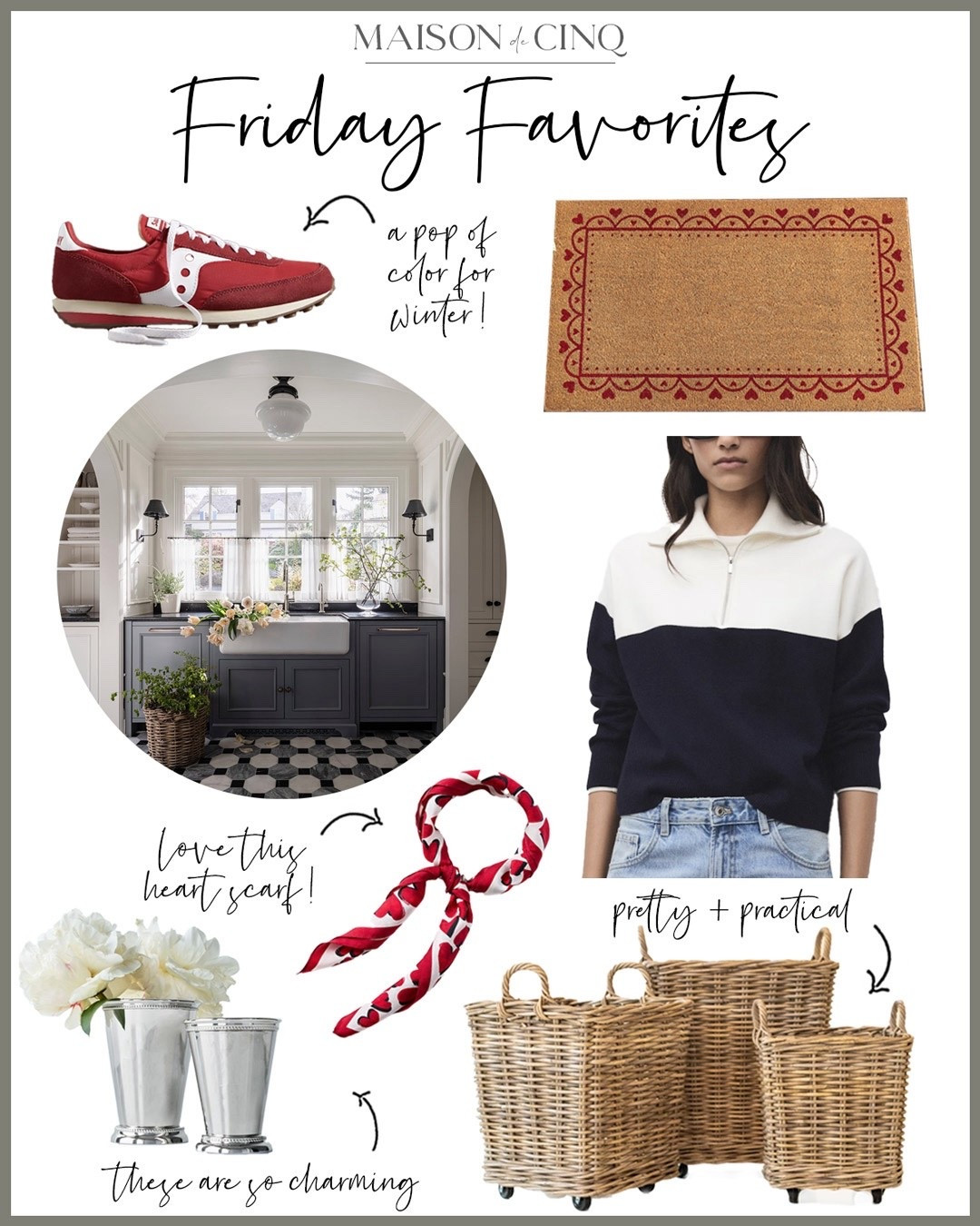 So many cute finds for Friday Favorites this week like cute half zip sweatshirts, Valentine’s Day doormats, colorful sneakers, adorable baskets and more!

Home decor, winter decor, Valentine’s Day decor, vase, storage baskets, sweatpants, joggers 

#LTKFindsUnder50 #LTKHome #LTKOver40