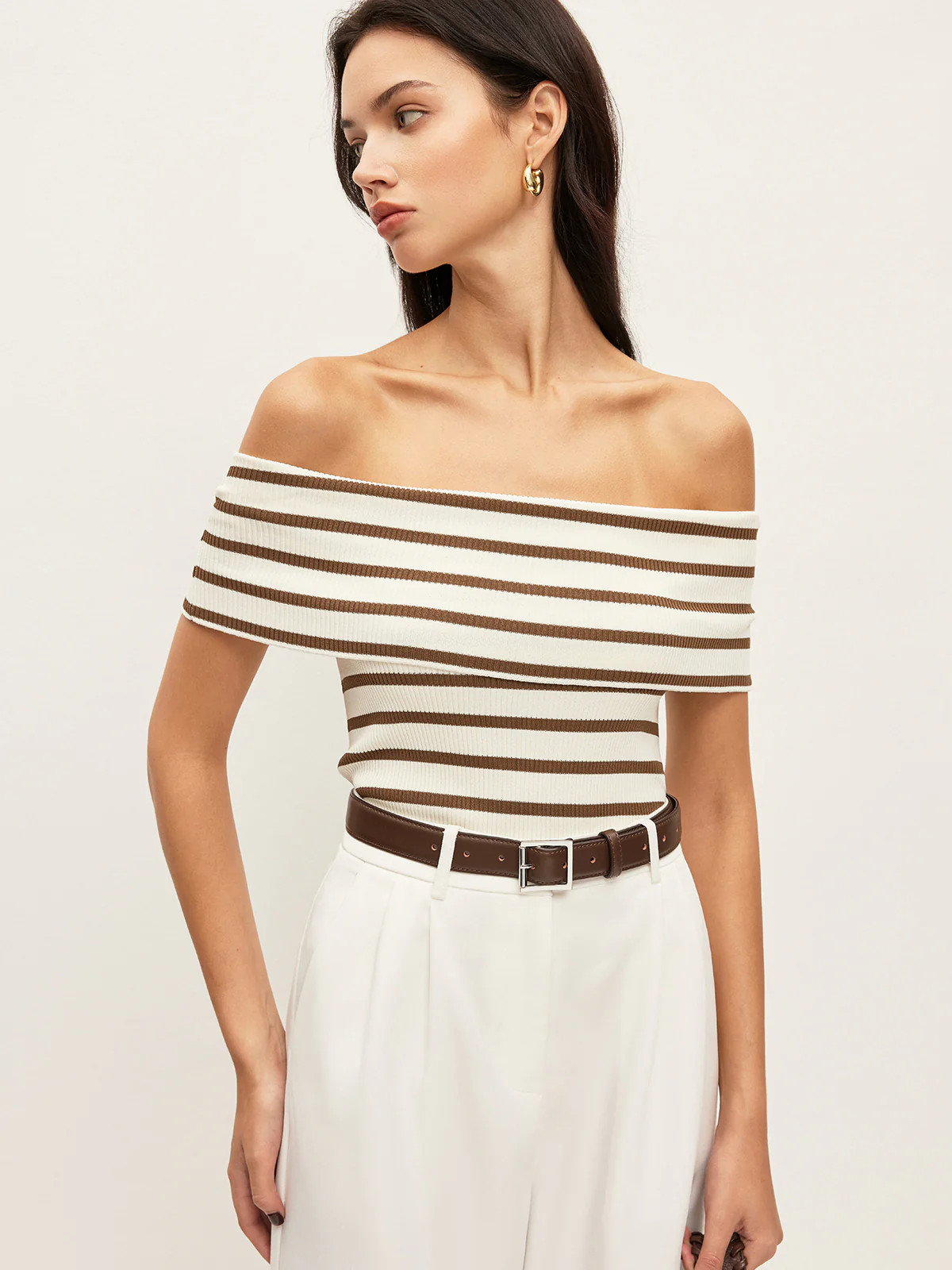 Striped Off-Shoulder Ribbed Top | Commense