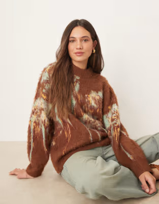 ASOS DESIGN brushed abstract floral oversized crew neck sweater in brown | ASOS (Global)