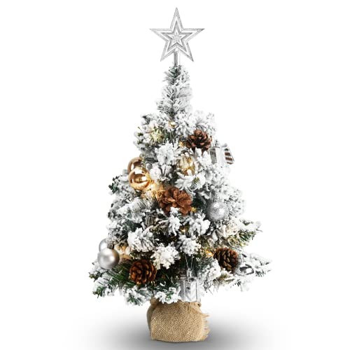 24 Inch 2FT Snowy Mini Christmas Tree, Small Tabletop Flocked Tree with LED Lights, Pine Cones, Balls, Star Tree Topper, Mini Gift Box and Cloth Bag Base, Xmas Decorations (Mini Christmas Tree) | Amazon (US)