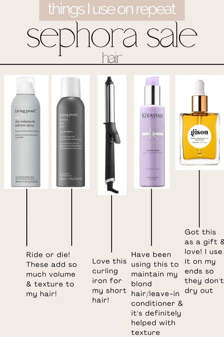 Sephora sale 
Things I use on repeat
Hair care 
Curling iron 
Hair oil 
texturizing spray 
Dry shampoo 
Leave in conditioner 



#LTKbeauty #LTKsalealert #LTKHoliday