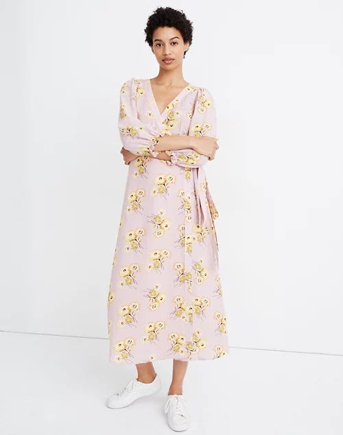 Linen-Blend Ruffle-Cuff Wrap Dress in Dutch Dandelions | Madewell