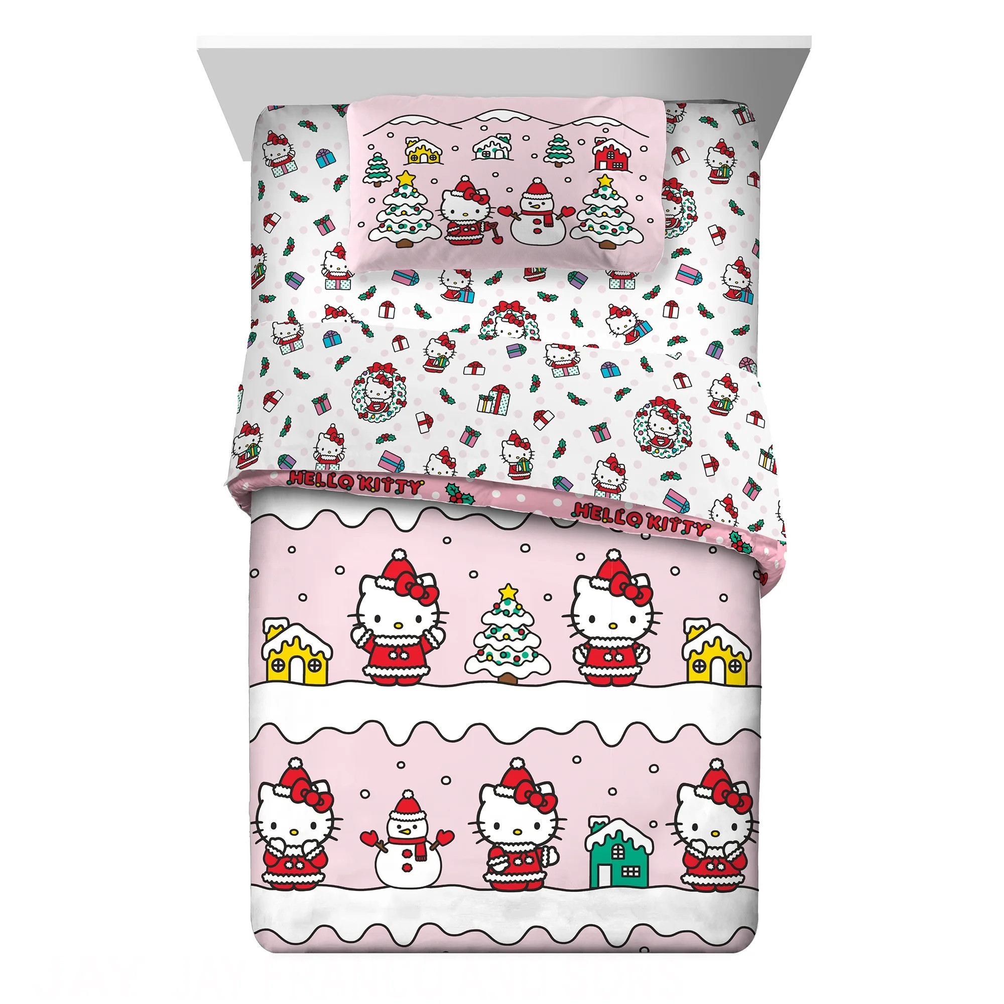 Hello Kitty Holiday Kids 5 Piece Reversible Comforter, Pillowcase, Sheet Set, and Backpack, Twin | Walmart (US)